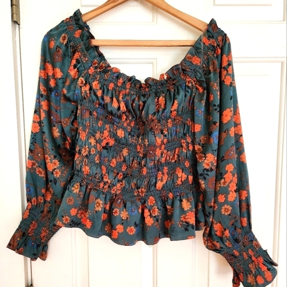 NWT Kori peasant milkmaid boho smocked blouse size large teal floral print